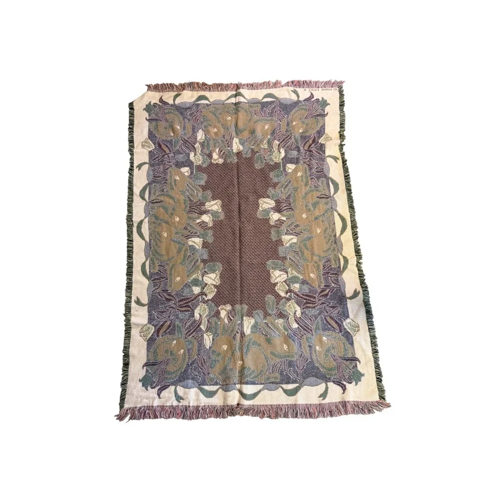 Vintage Rabbit Bunny Tapestry Throw Blanket Afghan Floral Cottage 68x47 1990s